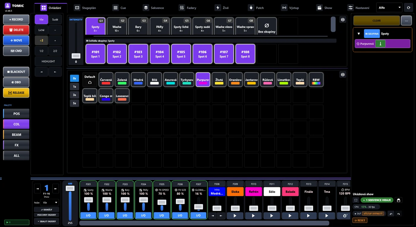 Control section in tomic.lighting: groups, fixture selection, colour palettes and group faders