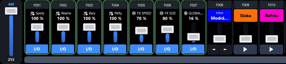 tomic.lighting faders: group faders for Spots, Washes, Bars and PARs, FX speed, FX size, Global fade and the sequences Intro, Verse and Chorus