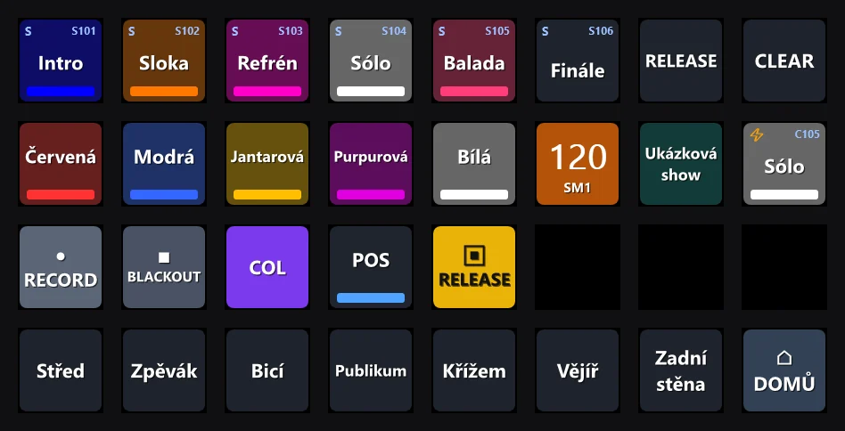 Stream Deck page in tomic.lighting: sequences, colour and position palettes, speedmaster and action keys