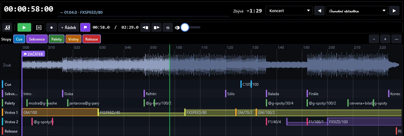 Song editor in tomic.lighting: audio waveform and the Cue, Sequence, Palette, Layer 1, Layer 2 and Release tracks