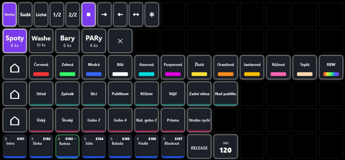 Live panel in tomic.lighting: subselection, spread direction, groups, colour, position and beam palette banks and sequences
